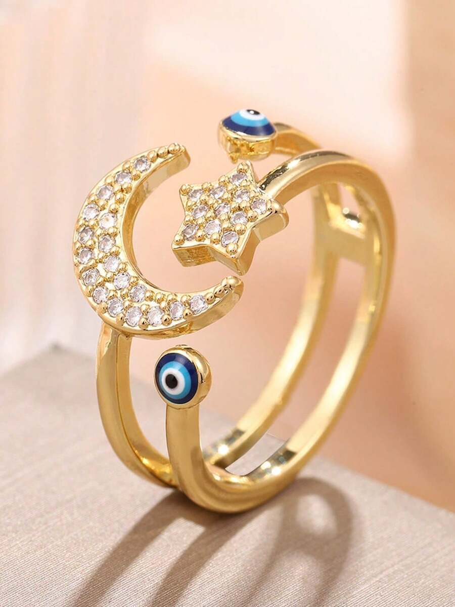1pc Moon, Star & Eye Rhinestone Decor Adjustable Ring, Elegant & Shiny Jewelry Gift Suitable For Men & Women, Daily Wear & Festivals - Multicolor - View 1