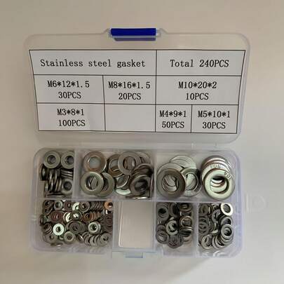 240pcs 304 Stainless Steel Flat Washers Set, Perfect For Home Decor, Factory Repair, Kitchens, Shops & More