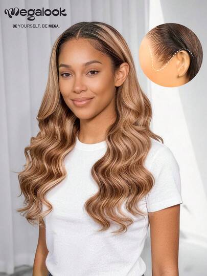 MEGALOOK 高光挑染波浪卷假发升级版 13x6 Max Three-Go™ 无胶假发 - 预剪蕾丝耳到耳蕾丝前额假发 180% 密度 预拔毛自然发际线 适合女性 即戴即用 新手友好 棕色和金色挑染，深色发根
