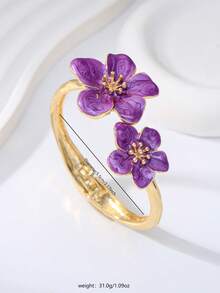 Vintage Chic Alloy Metal Gold Floral Bracelet, Colorful Enamel Flower Bangle, Fashionable Long-Lasting Thick Bracelet, Multicolor Enamel Dopamine Inspired Floral Open Cuff Bracelet, Suitable For Women's Daily Wear, Holidays, Beach, Parties - Flowers - View 16