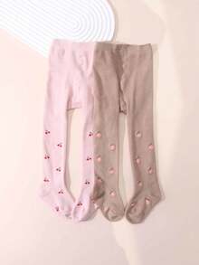 2pcs Baby Girls' Cute Cherry Blossom Pattern Stirrup Tights, Suitable For Everyday Wear - Multicolor - View 6