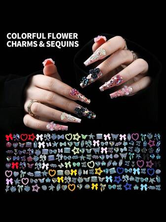 24格美甲配件，各种形状的美甲装饰，平底AB彩钻和金色珍珠美甲贴，彩色3D夏威夷花朵美甲饰品，DIY手工美甲设计