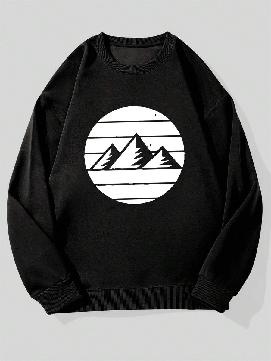 Sudadera de Cuello Redondo para Hombre con Patrón de Montaña en Círculo - Negro - Ver 1