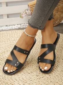 Women's Rhinestone Embellished Criss-Cross Strap Summer Beach Sandals, Non-Slip Outdoor Slippers, Versatile - Black - View 4