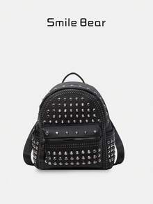 Mochila de mujer con remaches negros en estilo retro punk motociclista, bolso pequeño