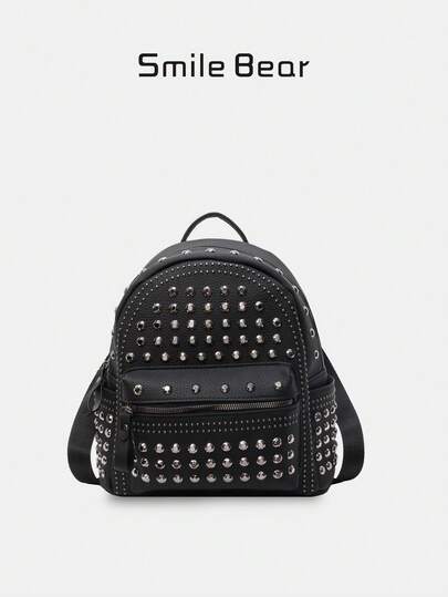 Women's Retro Punk Motorcycle Girl Backpack With Black Rivet, Small Handbag, School Backpack, School Supplies, School Backpack, School Bag, Backpack For School, Back To School Backpack, School Bookbag, Backpack School, Back To School Bags, Large Capacity, Lightweight, Portable, Suitable For Teen Girls Women College Students, Teacher, White-Collar Workers, Perfect For Back To School, First Day Of School, College, Work, Business, Commute, Outdoors, Travel, Outings, Office