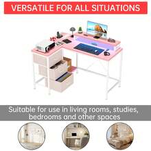 Estación de Trabajo Ergonómica Moderna en Forma de L | Mesa Esquinera para Oficina en Casa con Tomas de Corriente, Luces LED, Cajones y Estantes - Rosa - Ver 7