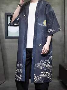 时尚薄款和服罩衫，仙鹤数码印花，适合春夏穿着，男女皆宜，休闲复古风，沙滩度假罩衫。 - 黑色 - 查看 5
