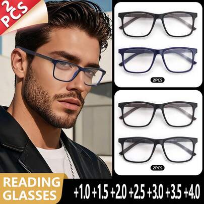 2 piezas Gafas de lectura de estilo empresarial, Montura clásica negra de alta calidad de PC con patillas de colores, Bisagras de resorte cuadradas únicas, Gafas de lectura de moda cómodas y ultraligeras, Conjunto de gafas de lectura casuales y empresariales para uso diario