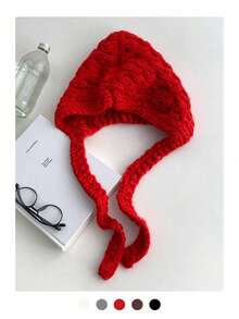 1 件女士纯色厚针织护耳拉法帽，秋冬新款保暖修脸针织帽，简约纯色拉法帽针织保暖耳罩头饰