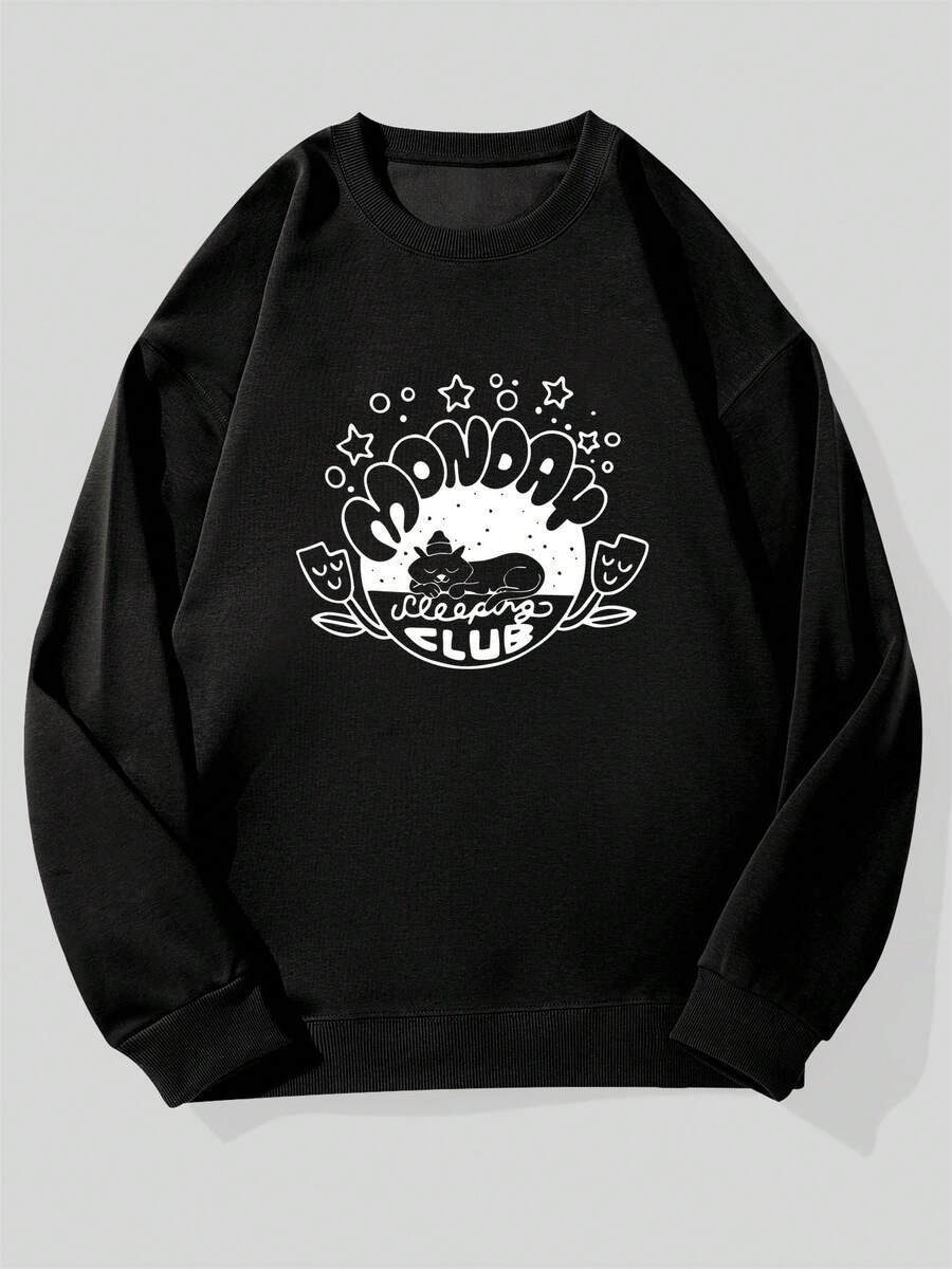 Men's Casual Crew Neck Sweatshirt With Monday Sleep Pattern - Black - View 1