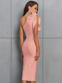 One-Shoulder Ruffle Slit Tight Bandage Bodycon Dress, Suitable For Cocktail Party Wedding Spring - Pink - View 2