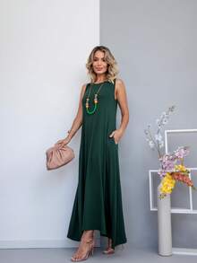 Long Dress In Viscose/Lycra Blend With Side Pockets. - Dark Green - View 6