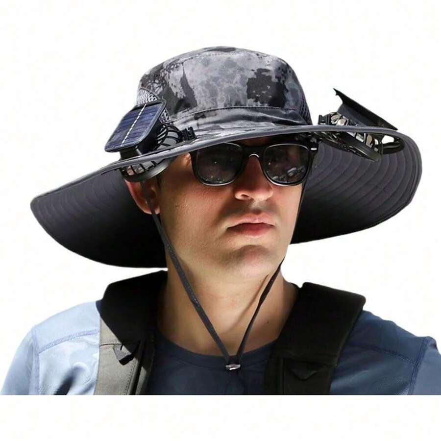 Chapéu de Pesca com Ventilador Solar | 2 Ventiladores, Bateria 800mAh, Proteção UV, Material Respirável - Multicolorido - Visão 1