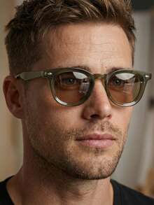 1副男士橄榄绿圆形PC框复古纯色铆钉个性化时尚眼镜 - 橄欖綠 - 查看 1