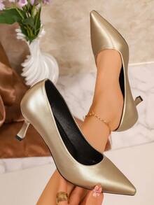 Women's Pointed Toe Low Vamp Stiletto High Heel Pumps. Classic All-Season Commuting Work Shoes. Fashionable Versatile Party Formal High Heels. - Gold - View 2