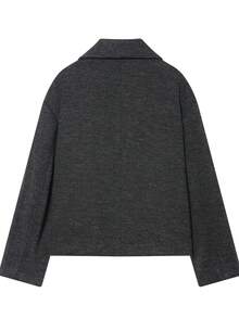 Women's Double-Breasted Wool Blend Turndown Collar Short Jacket, Minimalist Blazer For Autumn/Winter - Dark Grey - View 6