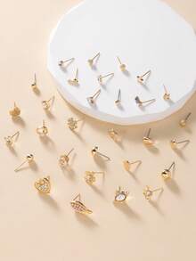 60件套时尚金属蝴蝶、爱心、水钻、月亮、蝴蝶结、花朵耳钉套装，珠宝礼品，适合日常佩戴 - 金黃色 - 查看 3