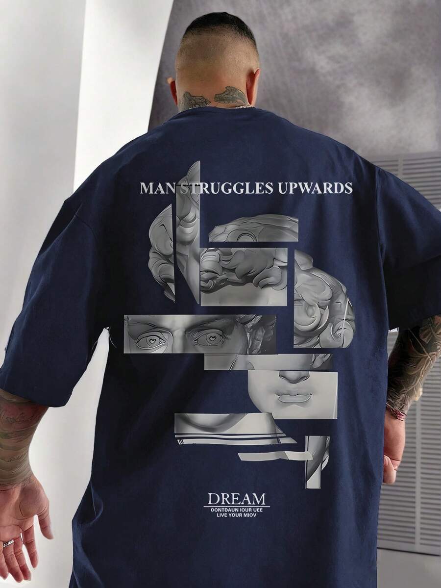 Camiseta de manga corta con elemento escultural impreso, casual y versátil para hombre - Azul Marino - Ver 1