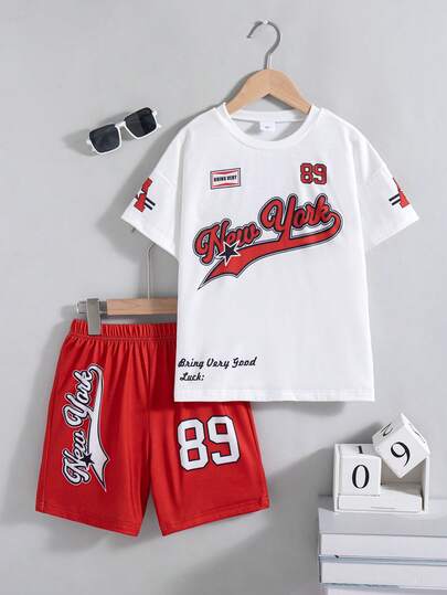 2pcs/Set Boys Casual Outgoing Fashion Letter Print Decor Drop Shoulder Short Sleeve Top And Elastic Waist Shorts, Spring/Summer