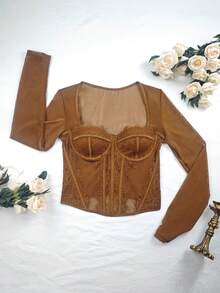 2025 Sexy Brown Lace & Mesh Bodysuit - Long Sleeve Trim, Slim Fit - Brown - View 3