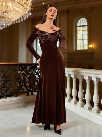 Damklänning i exklusiv stil – Off-Shoulder/One-Shoulder-utringning, knutdetalj med långa ärmar, sammet/satintyg, elegant och sexig, lämplig för fester, bröllop och dejter