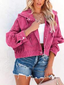 Chaqueta bomber informal de mezclilla verde lavada para mujer, con capucha, manga larga, corte regular y elasticidad media. - Rosa Fucsia - Ver 2