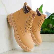 Men's Casual Fashion Street Commute Versatile Vacation Style Lace-Up High-Top Leather Riding Boots - Yellow - View 1