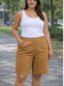 Plus Size Dress Shorts - Elastic Waistband With Zipper, Sensual Fabric - Camel - View 1