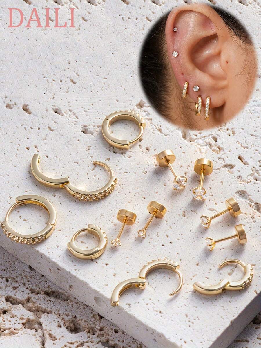 DAILI Khuyên tai vòng nhỏ màu vàng, kiểu ôm sát tai, dành cho tai nhạy cảm, mạ vàng 14K, đính đá Cubic Zirconia tinh tế, khuyên tai vòng nhỏ xinh cho nữ, bộ nhiều khuyên tai, quà tặng trang sức xỏ lỗ, không gây dị ứng, bộ 3-6 đôi cho nữ.