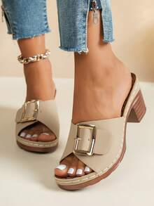 2025新款时尚金属扣设计露趾高跟穆勒鞋，卡其色粗跟性感防滑厚底凉鞋，女士高跟凉鞋，适合夏季日常穿着 - 杏色 - 查看 3