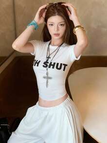 Women's Round Neck Short Sleeve T-Shirt, American Style Babe, Summer New Letter Print, Slim Fit Fashion Cropped Top - White - View 6