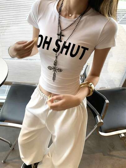 Women's Round Neck Short Sleeve T-Shirt, American Style Babe, Summer New Letter Print, Slim Fit Fashion Cropped Top