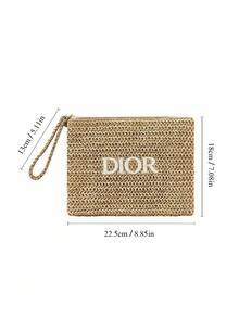 Christian Dior New Embroidered Logo Straw Bag, Elegant Cosmetic Bag, Minimalist & Fashionable Storage Pouch, Convenient Handbag, Also Suitable For Organizing Your Toiletries. - Beige - View 2