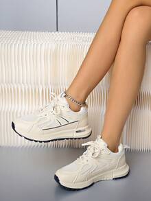 女士圆头系带厚底学生休闲舒适厚底运动鞋 - 白色 - 查看 5