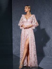 V领饰以扇形花边，刺绣蕾丝，长袖，开衩——一款高端晚礼服。女士优雅连衣裙 - 粉色 - 查看 4