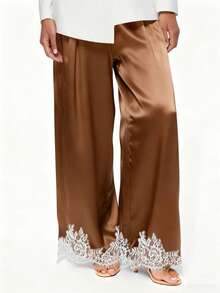 Women's Spring Summer Satin Pants Lace Trim Cuff Loose Wide Leg Trousers For Daily Wear - Coffee Brown - View 5