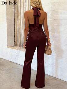 Women's V-Neck Sexy Halter Bodysuit - Burgundy - View 3