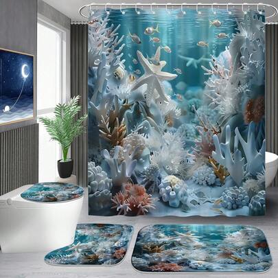 1/4 Set Coral Reef & Starfish Pattern Bathroom Curtain Set, Blue Ocean Style Shower Curtain, Includes Waterproof Curtain, Non-Slip Mat, Toilet Seat Cover, Bath Mat And 12 Plastic Hooks, Perfect Bathroom Accessories