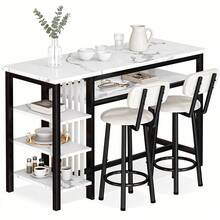 3 Pieces Dining Room Table Set With 2 Upholstered Bar Stools, Modern Farmhouse Style Kitchen Table Set With Multiple Tier Storage Shelves, MDF Table Top And Metal Frame, Counter Height Breakfast Nook Table Set For Small Spaces Family - Đá cẩm thạch trắng và đen - Xem 9