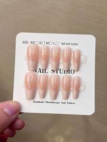 10片/盒 Y2K 手工中号棺材形渐变法式美甲贴纸，加厚甲片，包含1片果冻胶和1个指甲锉，手工美甲，适合女性和女孩日常、派对和聚会使用。 - 杏色 - 查看 3