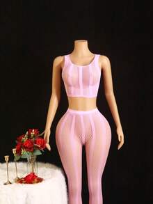 两件套粉色可爱条纹吊带背心和破洞渔网裤性感内衣套装，适合浪漫场合 - 粉色 - 查看 1