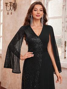 YISIKADO Elegantes Paillettenkleid mit Chiffon-Kontrast, Abendparty, Hochzeitsgast, Brautjungfer, Bankett, Abschlussball, Damenkleid - Schwarz - Übersicht 6