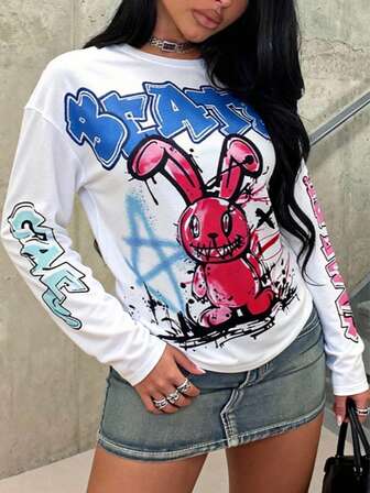 Tops de moda callejera de otoño para mujeres, con estampado gráfico de manga larga, ropa vintage, estilo Y2K para salir, atuendos de club para mujeres