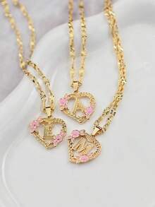 Customized Letter & Floral Necklace, Hollow Heart Flower Letter Necklace, Elegant Clavicle Chain Jewelry, Customized Letter & Floral Pendant Necklace, Unique Valentine's Day Gift - Gold - View 6