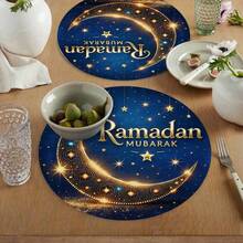 每包1/2/4/6/8/300片，豪华圆形斋月餐垫套装 - Mubarak 餐垫（伊斯兰餐具），饰有阿拉伯书法、新月和星形图案。尺寸：15*15英寸/38*38厘米。 - 彩色 - 查看 6