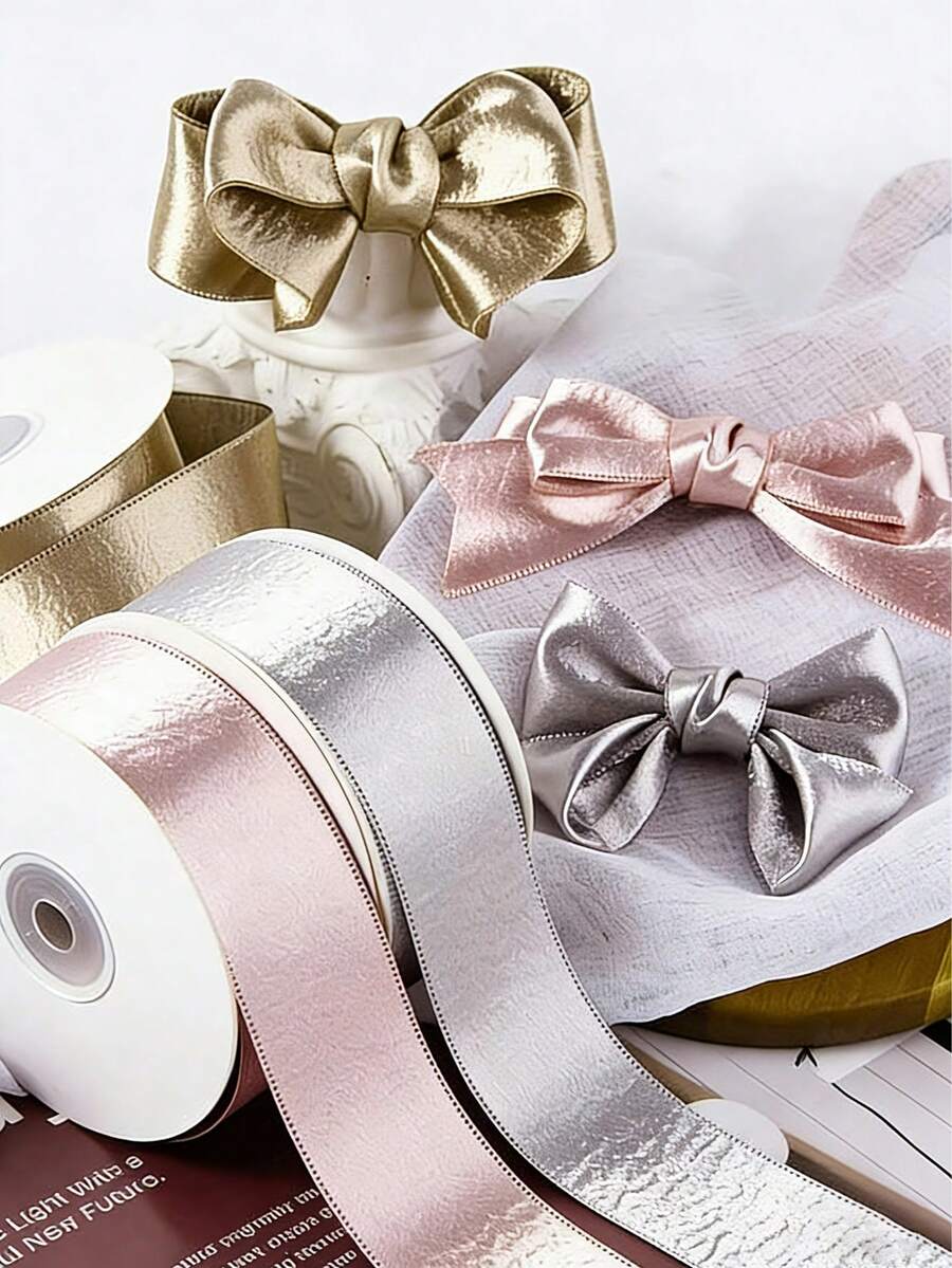 High Quality Double-Sided Shiny Satin Ribbon, Multi-Color Satin Ribbon, Silver Satin Ribbon, Suitable For DIY Hair Accessories, Floral Craft Gift Packaging, Pressed Flower Ribbon Edging, Bow Hair Accessories And Decorative Ribbons, Versatile For Various Gift Box Tying And Decoration. Applicable For New Year, Valentine's Day, Mother's Day And Other Holiday Gifts And Decorative Ties, Also Suitable For Wedding Gift Ribbons - Gold - View 1