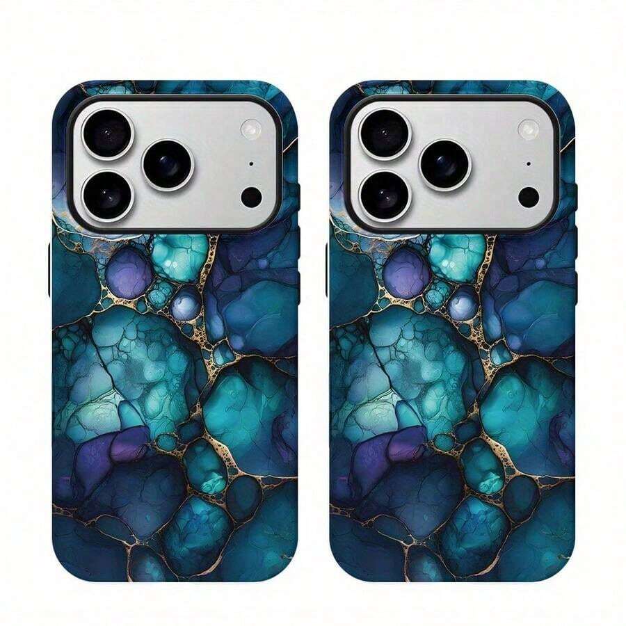 Funda de teléfono de dos capas con diseño de mármol verde esmeralda y dorado, diseñada para ser duradera y proteger contra caídas, compatible con modelos 17, 16, 15, 14, 13, 12, 11, 8, X, XS, XR, Plus, Pro, SE2 y SE3, convirtiéndola en un regalo ideal para amigos, familiares y seres queridos. Iph Pro Mármol Verde, Iph Verde Cobre/Emeralda, Funda de Teléfono con Flor Teal Puffer - Estilo 1 (1 pieza) - Ver 1