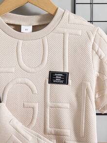 男童休闲纯色圆领短袖T恤短裤套装（2件套），带收纳袋，夏季 - 杏色 - 查看 4