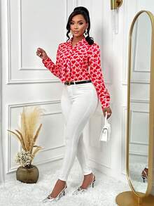 Women's Spring Summer Romantic Elegant Peach Heart Print V-Neck Streamer Detail Long-Sleeved Shirt Suitable For Dating, Office Wear (Random Printing) - Baby Pink - View 4